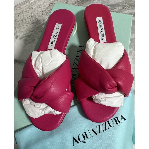 New Aquazzura Olie Pink Soft Leather Raffia Flat Slide on Sandals Size 35 - Picture 3 of 12